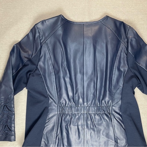 Christopher & Banks | Navy Zip-Up Faux Leather Floral Embroidered Jacket | PXL - Picture 9 of 13